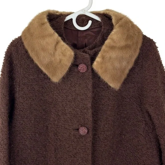 Vtg. 60s Boucle Wool Swing Coat Fur Collar Jackie O Mod Dark Academia Old Money - Picture 3 of 11